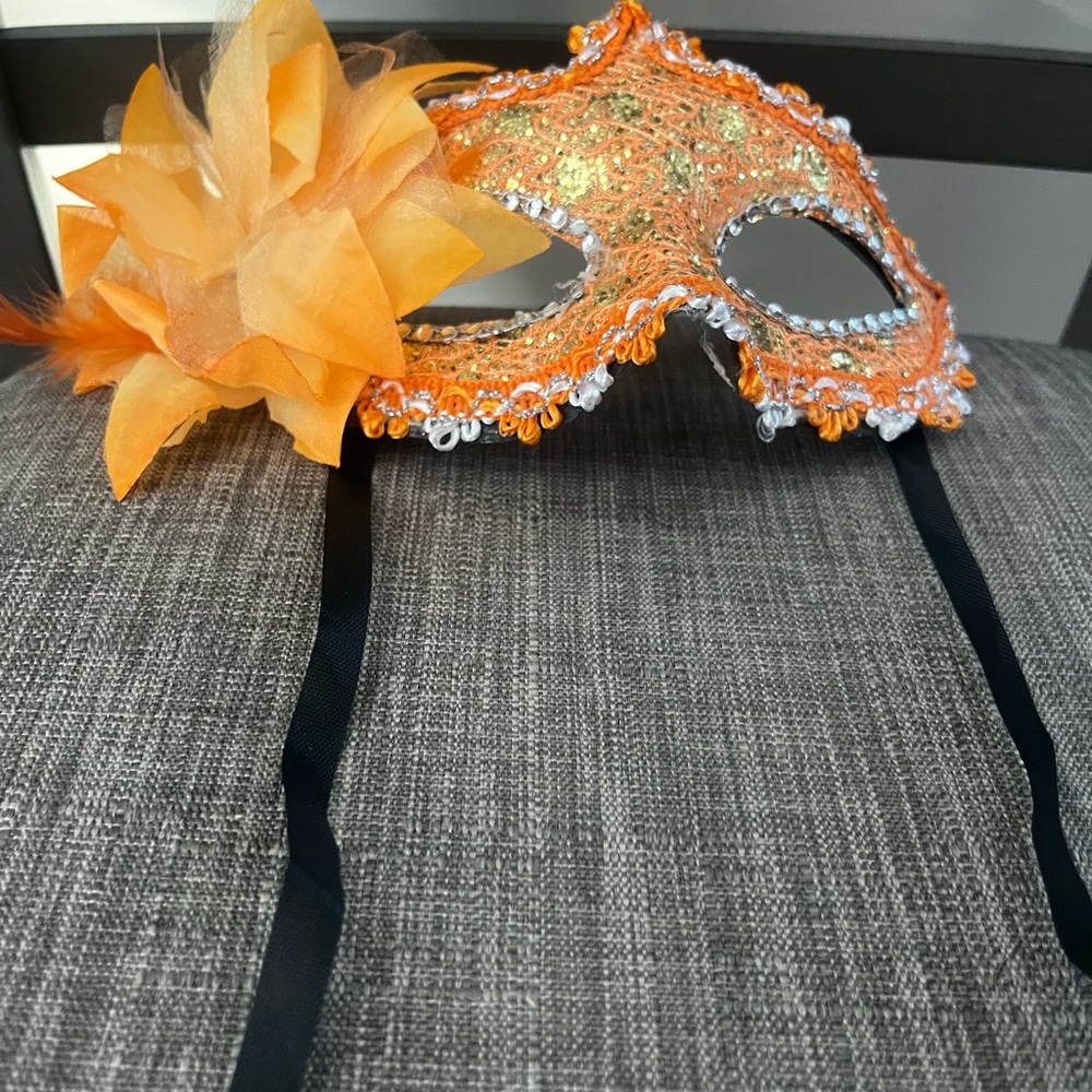 Orange Sequin Masquerade Mask with Flower